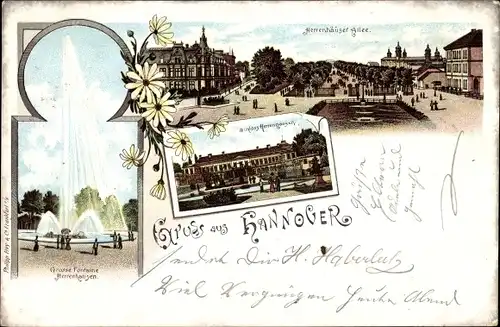 Litho Hannover in Niedersachsen, Herrenhäuser Allee, Gr. Fontaine, Schloss Herrenhausen