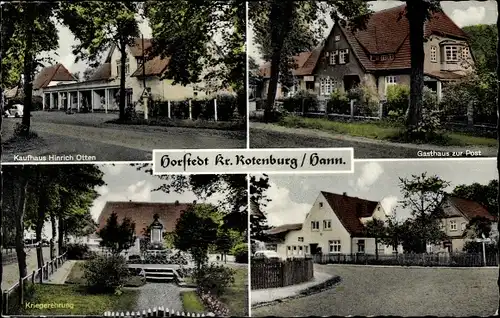 Ak Horstedt Niedersachsen, Kaufhaus Hinrich Otten, Gasthaus zur Post, Kriegerehrung, Straßenpartie