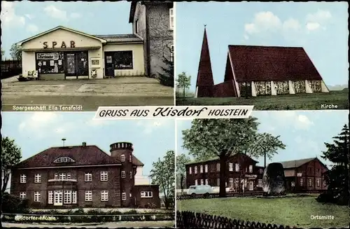 Ak Kisdorf in Holstein, Spargeschäft Ella Tensfeldt, Kirche, Ortsmitte, Kisdorfer Mühle