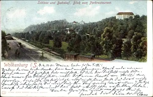 Ak Wolkenburg Kaufungen Limbach Oberfrohna Sachsen, Schloss und Bahnhof, Blick v. Parkrestaurant