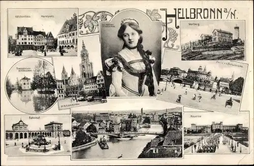 Ak Heilbronn am Neckar, Marktplatz, Kaserne, Kätchen, Bahnhof, Neckarbrücke, Kätchenhaus