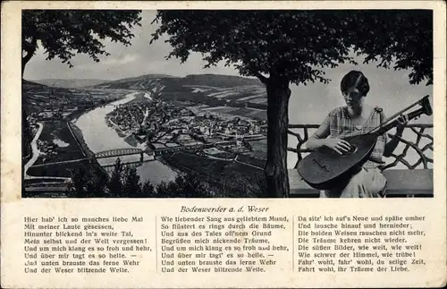 Ak Bodenwerder an der Weser, Weserlied, Mädchen mit Laute, Panorama