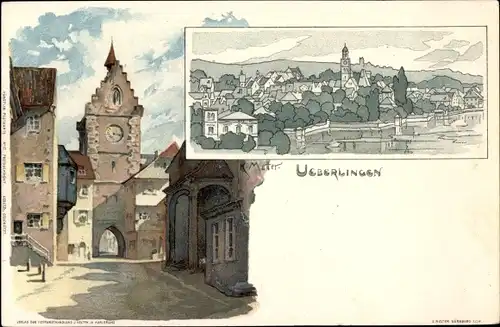 Künstler Litho Mutter, K., Überlingen am Bodensee, Uhrenturm und Tor, Gesamtansicht