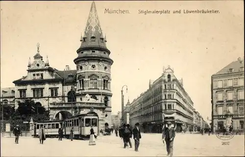 Ak München Bayern, Stiglmaierplatz und Löwenbräukeller, Straßenbahn