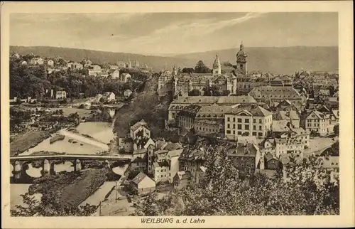 Ak Weilburg an der Lahn Hessen, Panorama vom Ort, Brücke