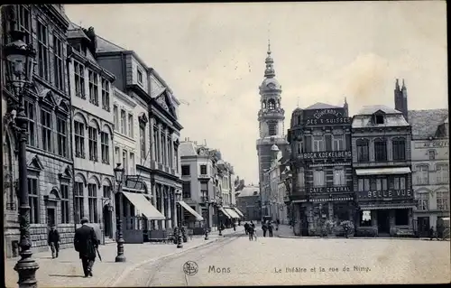 Ak Mons Wallonien Hennegau, Le Theatre et la rue de Nimy, Cafe Central, Belle Vue