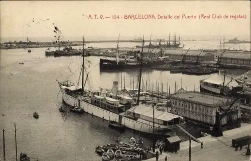 Ak Barcelona Katalonien Spanien, Detalle del Puerto (Real Club de regatas), Schiffe im Hafen