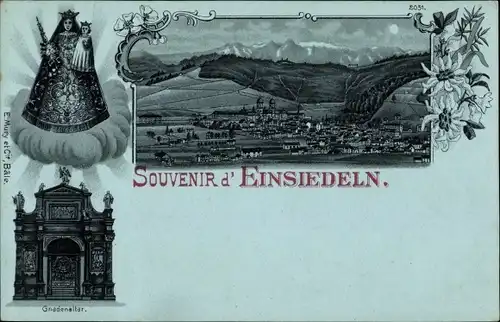 Mondschein Litho Einsiedeln Kanton Schwyz Schweiz, Panorama mit Kloster Einsiedeln, Gnadenbild