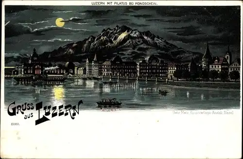 Mondschein Litho Luzern Stadt Schweiz, Panorama mit Pilatus