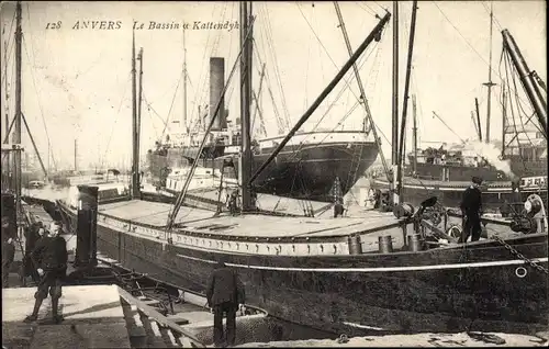 Ak Anvers Antwerpen Flandern, Le Bassin a Kattendyk, Boote