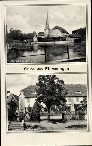 Ak Flemmingen Hartha in Sachsen, Kirche, Schule, Kriegerdenkmäler