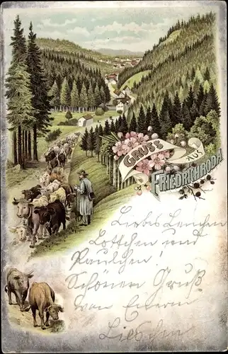 Litho Friedrichroda im Thüringer Wald, Straße im Tal, Kuhherde