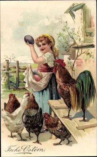 Präge Litho Glückwunsch Ostern, Hühner, Hahn, Mädchen mit Ostereiern