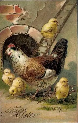 Präge Litho Glückwunsch Ostern, Henne, Küken