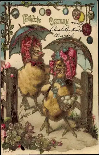 Präge Litho Glückwunsch Ostern, Küken mit Sonnenschirmen, Ostereier