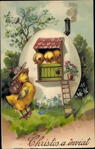 Präge Litho Glückwunsch Ostern, Christos a inviat, Küken, Eierschalenhaus