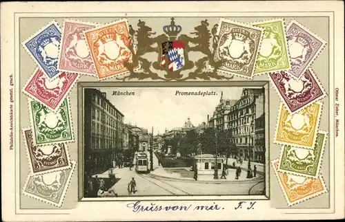 Briefmarken Wappen Litho Königreich Bayern, München, Promenadeplatz