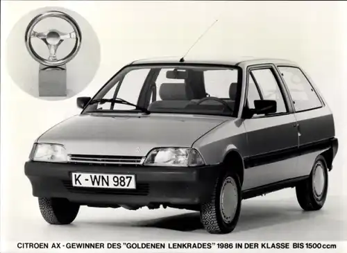 Foto Citroën AX, Auto, Frontansicht, Kennzeichen K-WN 987, Gewinner Goldenes Lenkrad 1986