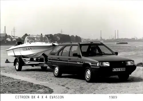 Foto Citroën BX 4x4 Evasion 1989, Auto, Kennzeichen K-AV 8306, Anhänger mit Motorboot