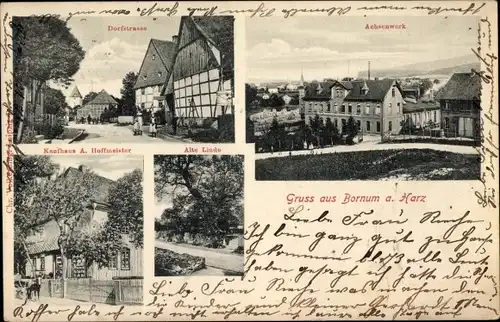 Ak Bornum Bockenem am Harz, Dorfstraße, Kaufhaus A. Hoffmeister, Achsenwerk, alte Linde