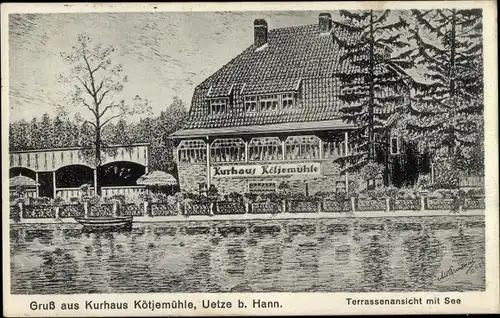 Künstler Ak Uetze Niedersachsen, Kurhaus Kötjemühle, Inh. Hans Kasprzewski, Terrassenansicht mit See