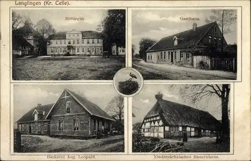 Ak Langlingen, Rittergut, Gasthaus, Bäckerei Aug. Leopold, Niedersächsisches Bauernhaus, Storch