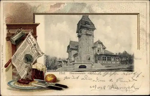 Präge Passepartout Ak Hof an der Saale Oberfranken Bayern, Theresienstein, Hofer Anzeiger