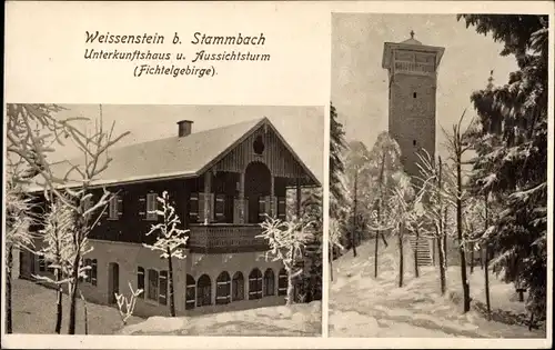 Ak Stammbach in Oberfranken, Weißenstein, Unterkunftshaus, Aussichtsturm, Winter