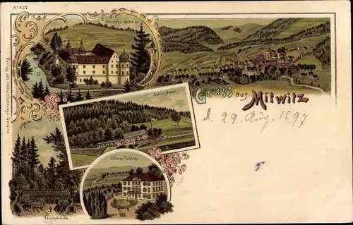 Litho Mitwitz in Oberfranken, Unteres Schloss, Schießhaus, Teufelsbrücke, Landschaftsblick