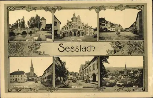 Ak Seßlach in Oberfranken, Brücke, Geschäftshaus, Rathaus, Kirche, Lange Straße