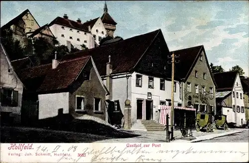 Ak Hollfeld im Kreis Bayreuth Oberfanken, Gasthof zur Post, Außenansicht von der Straße, Postkutsche