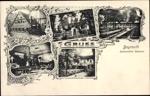 Ak Bayreuth in Oberfranken, Restauration Rosenau, Garten, Speisesaal