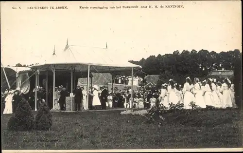 Ak Assen Drenthe Niederlande, Keuwfeest, Eerste steenlegging van het Ziekenhuis door de Koningin