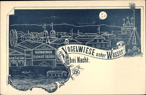 Litho Dresden Altstadt, Festplatz Vogelwiese unter Wasser bei Nacht