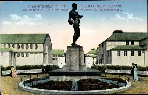 Ak Dresden, Int. Hygiene-Ausstellung 1911, Ballwerfer, Halle für Sport, Kleidung und Nahrungsmittel