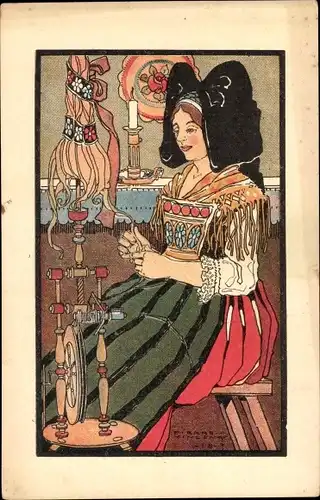 Künstler Ak Vincent, Pierre, Frau in Elsässer Tracht am Spinnrad