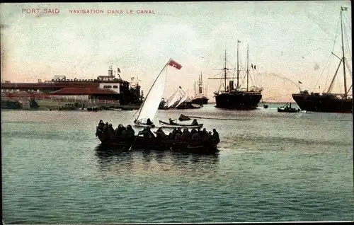 Ak Port Said Ägypten, Navigation dans le Canal, Dampfschiffe, Ruderboot