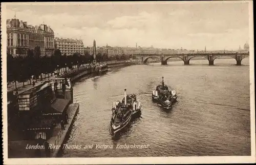 Ak London City England, River Thames and Victoria Embankment