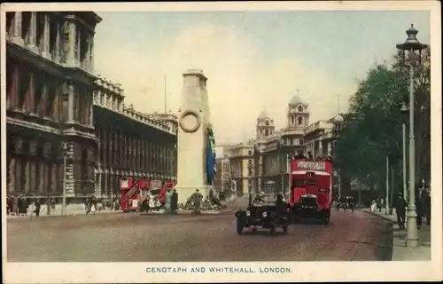 Ak London, Cenotaph and Whitehall, Busses, Buildings