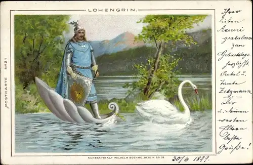 Litho Lohengrin am Teich, Ritter mit Schutzschild, Schwan