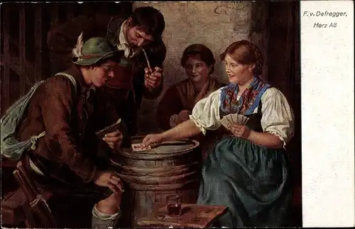 Künstler Ak v. Defregger, F., Herz Ass, Kartenspiel, Trachten, Pfeife