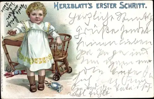 Litho Herzblatt's erster Schritt, Kind-Portrait, Spielzeuge