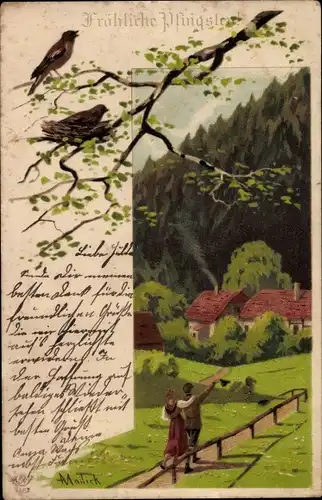 Künstler Litho Mailick, Glückwunsch Pfingsten, Frühlingsidylle, Vogelnest, Spaziergang