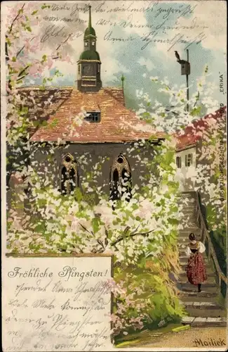 Präge Künstler Litho Mailick, Glückwunsch Pfingsten, Partie im Garten, Frau in Tracht, Treppen