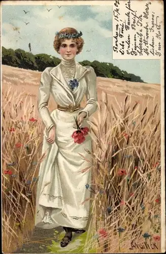Präge Künstler Litho Mailick, Frau in weißem Kleid mit Mohn, Getreide, Blumen