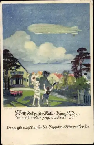 Künstler Ak Amtsberg, Otto, Deutsche Mutter zeigt Kindern Luftschiff, Zeppelin Eckener Spende