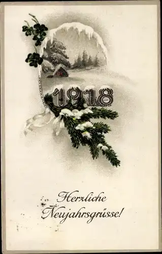 Ak Glückwunsch Neujahr 1918, Tannenzweige, Glücksklee