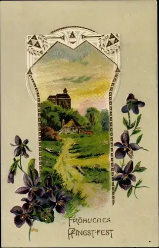 Passepartout Ak Glückwunsch Pfingsten, Dorfpartie, Veilchen