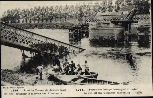 Ak Pont de Termonde detruit pour retarder la marche des Allemands, Kriegszerstörungen, I. WK