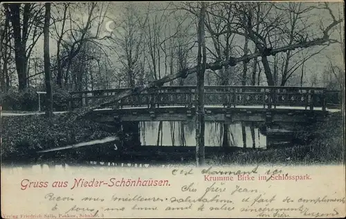 Mondschein Ak Berlin Pankow Niederschönhausen, Krumme Birke im Schlosspark, Brücke